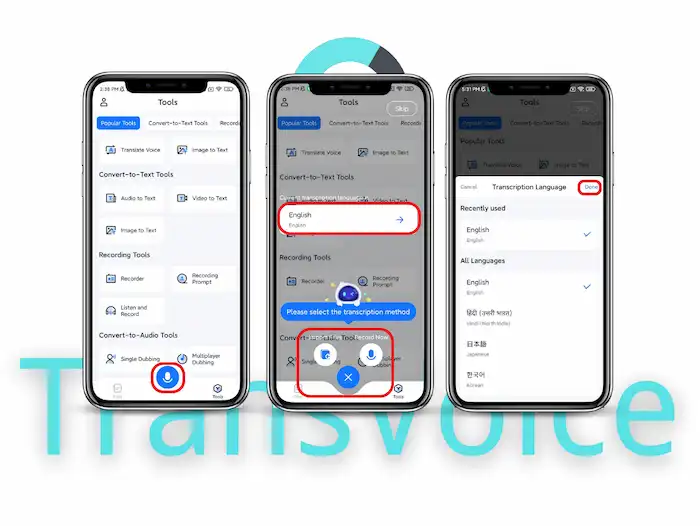 select language and transcription method