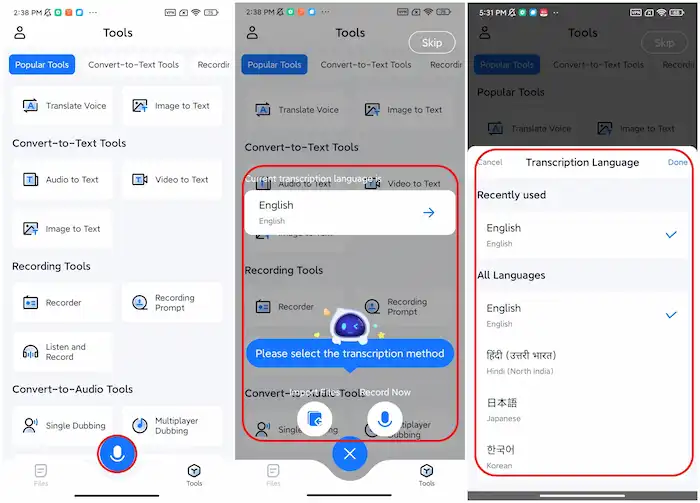 transcribe audio in transvoice