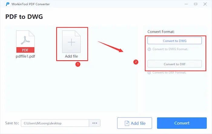 add files and convert pdf to dwg workintool