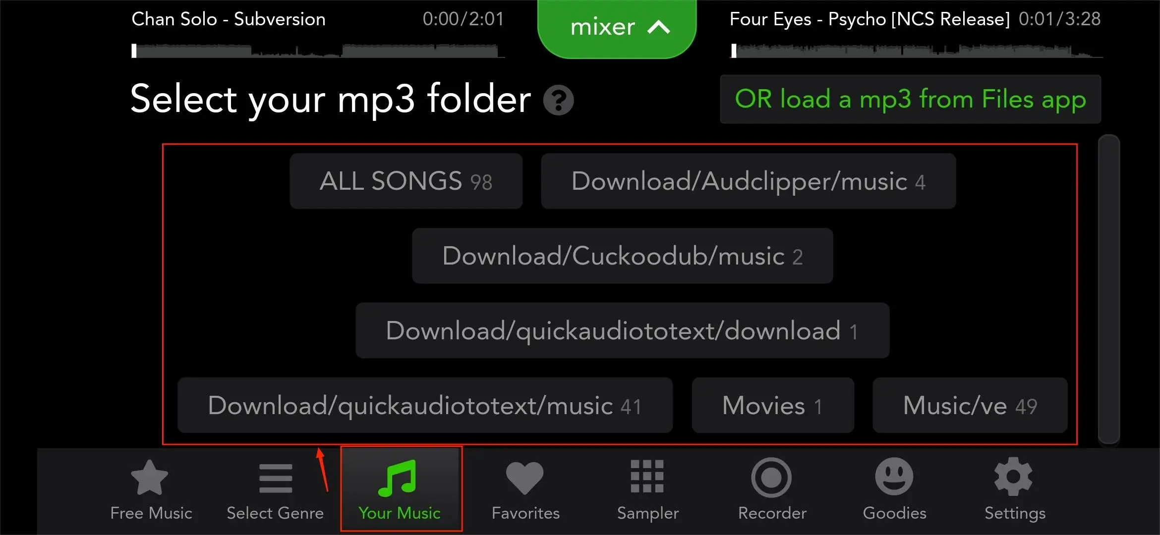 choose a folder in your music in youdj