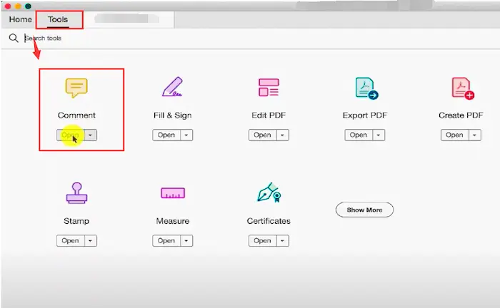 click comment button in adobe
