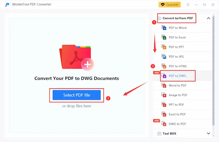 click pdf to dwg button in workintool