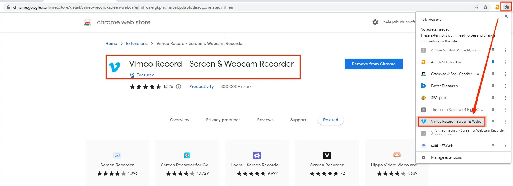find and install vimeo screen recorder from chrome store
