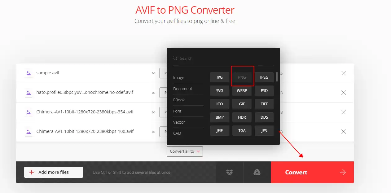 how to convert avif to png convertio