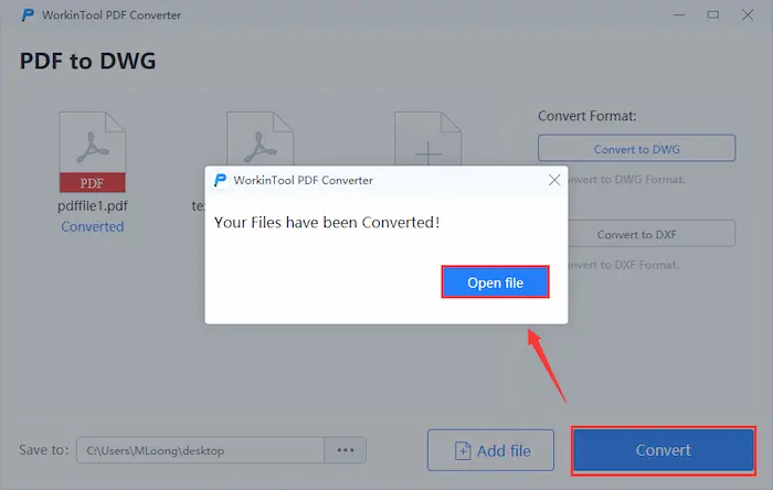 how to convert pdf to dwg in workintool