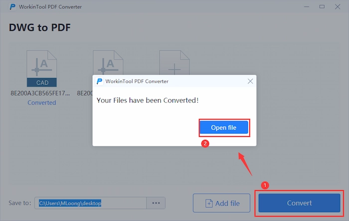 save the converted dwg to pdf in workintool