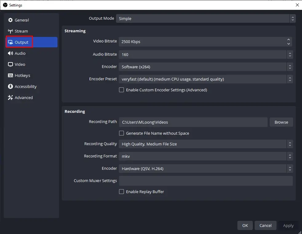 output settings in obs