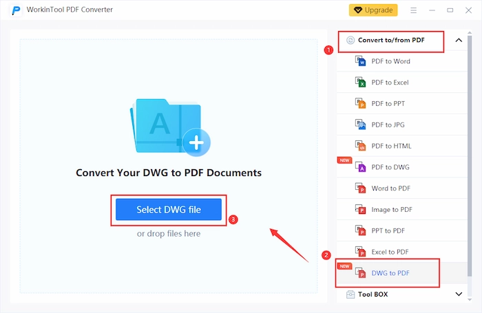 select dwg to pdf button in workintool