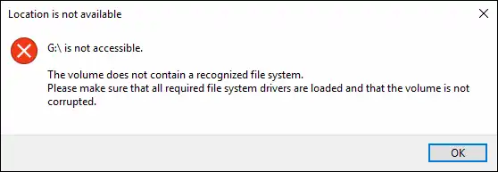 the volume does not contain a recognized file system pop-up