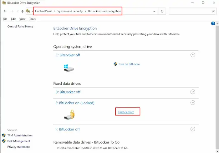 unlock a bitlocker encrypted drive