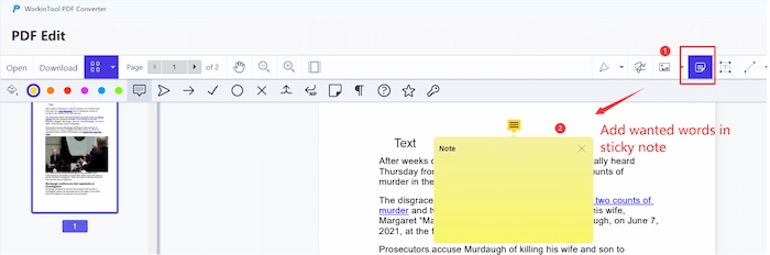 add text in a pdf sticky note workintool