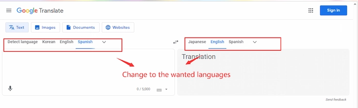 change to languages in google translate