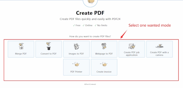 choose the wanted creation mode in pdf24