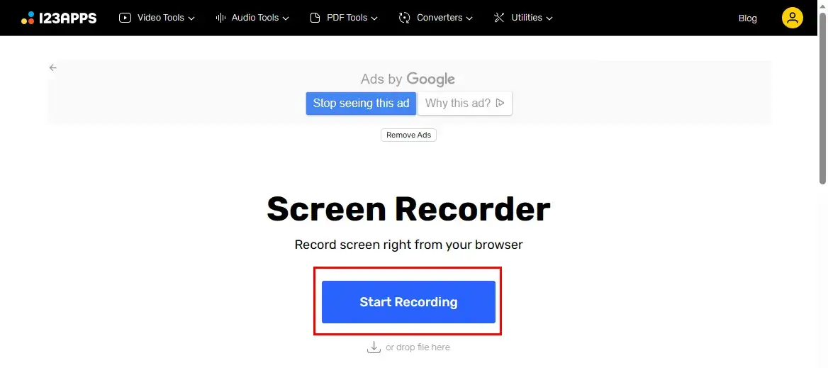 hit start recording in online screen recorder of 123 apps