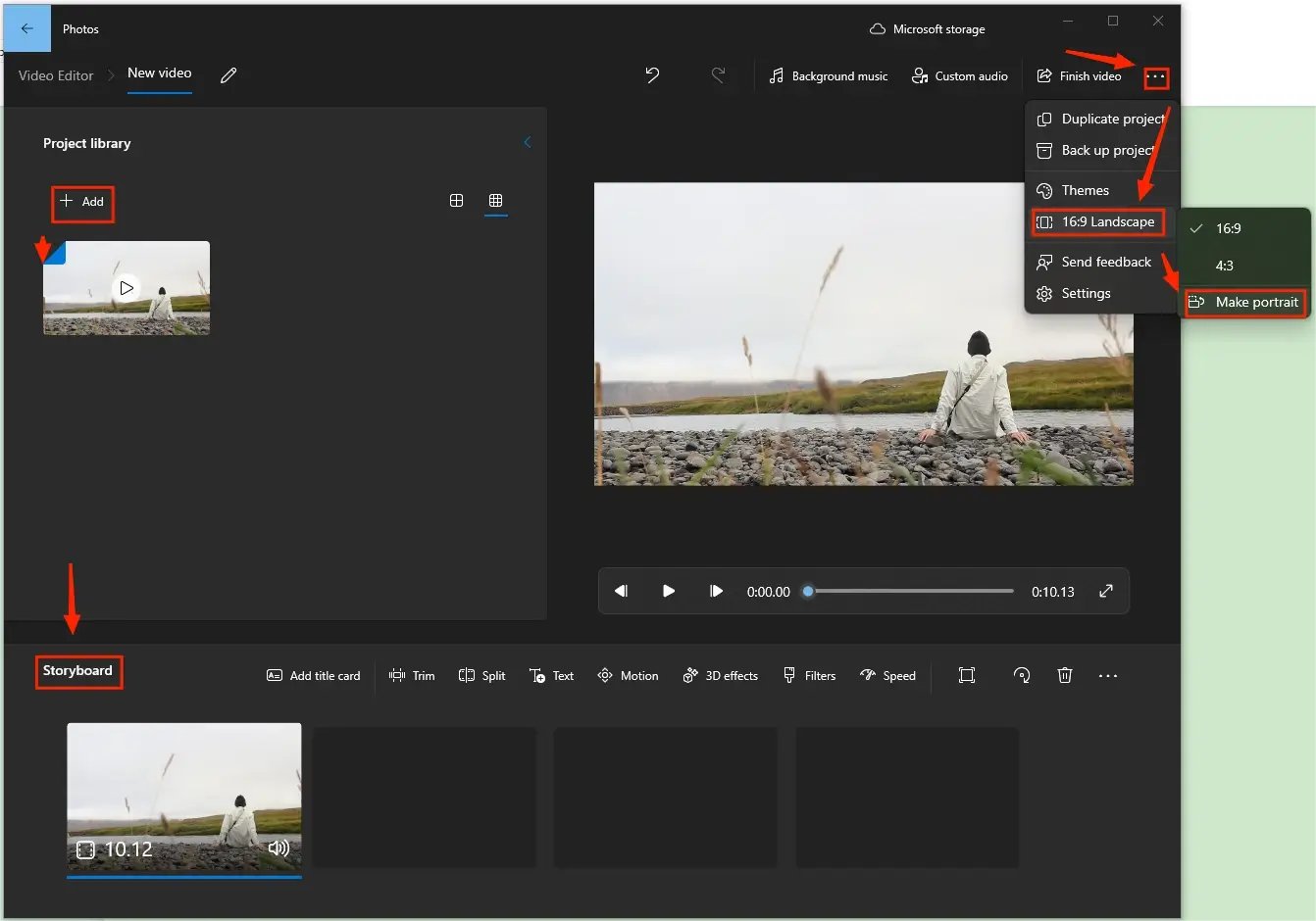 how to convert landscape to portrait in video editor windows
