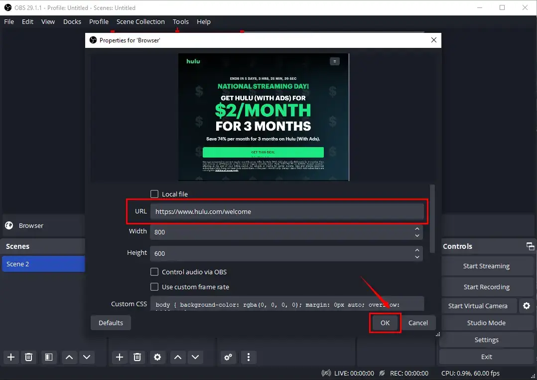 how to record on hulu live on mac with obs browser mode 1