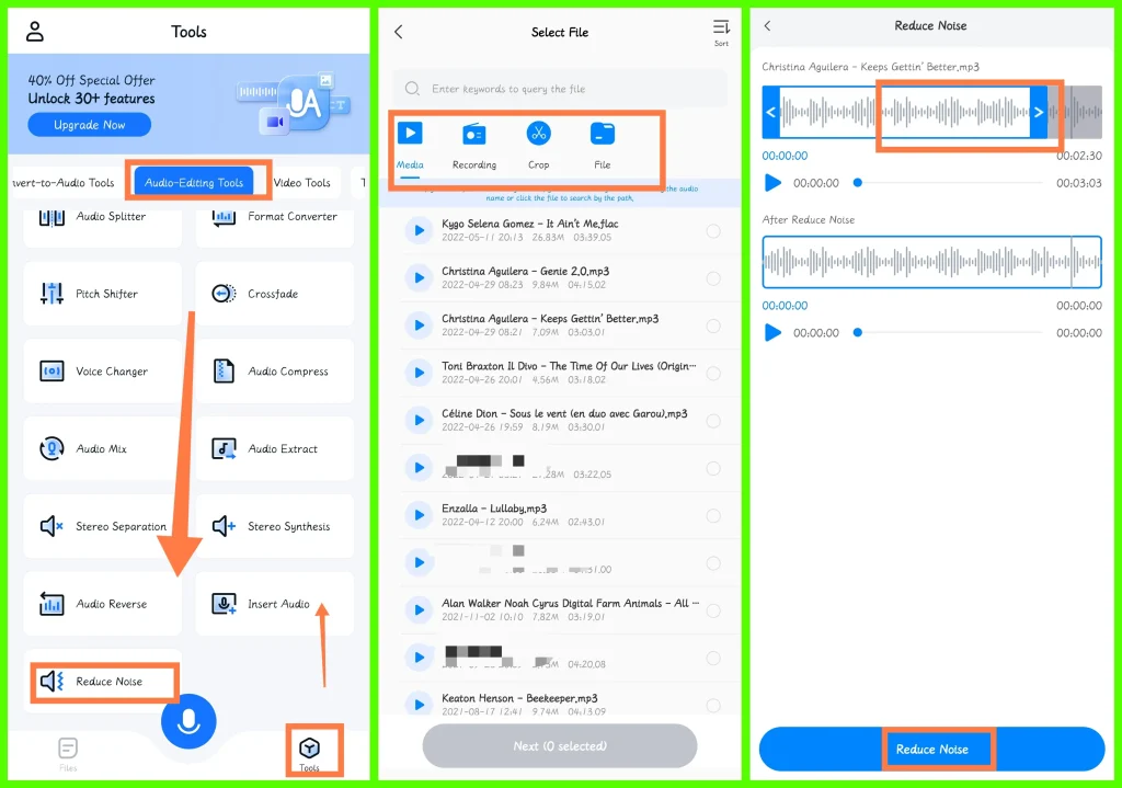 how to reduce background noise in audio on android in workintool transvoice