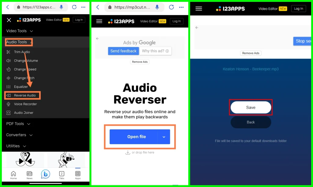 how to reverse audio online via 123 apps