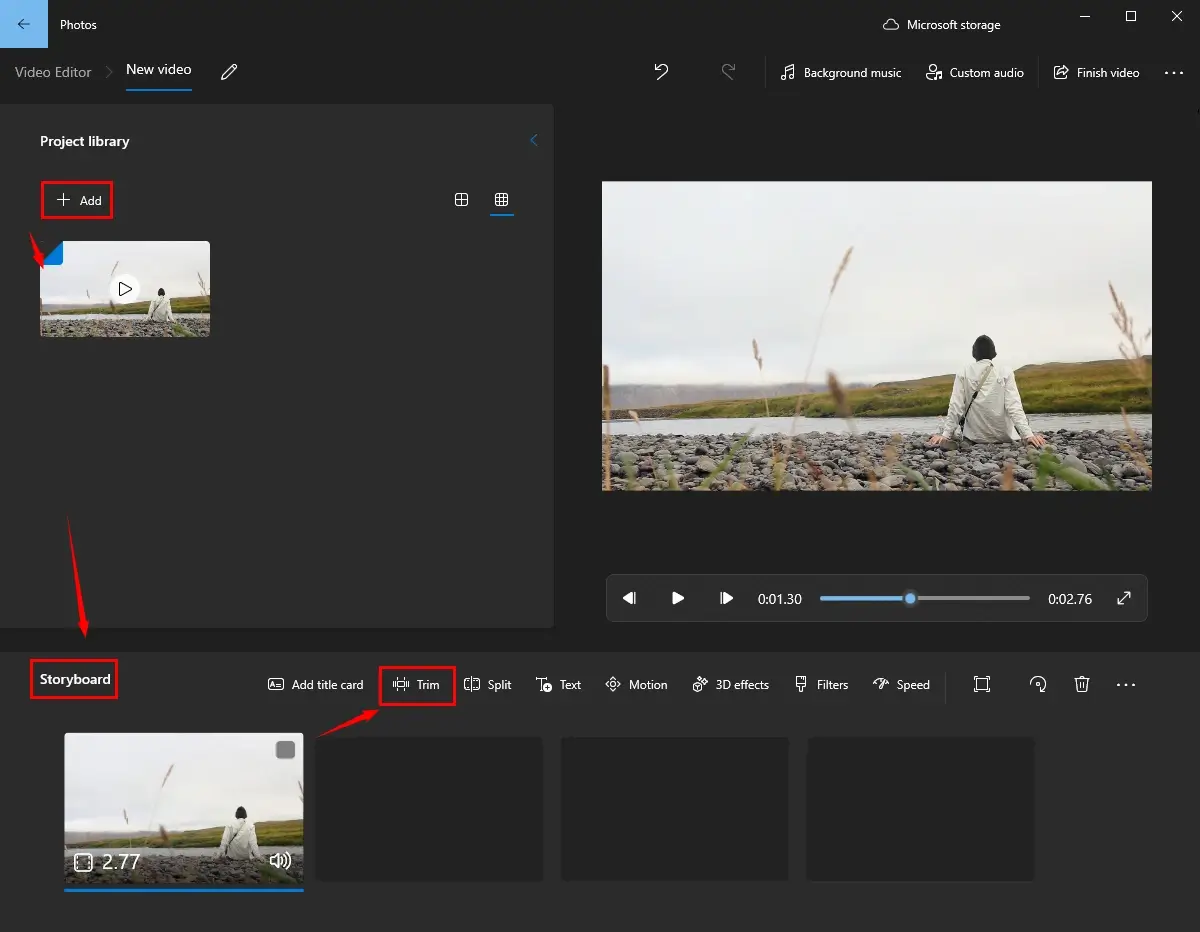 import a video to video editor and choose trim