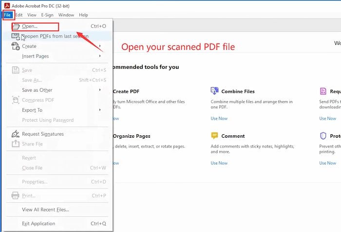 open your scanned pdf in adobe