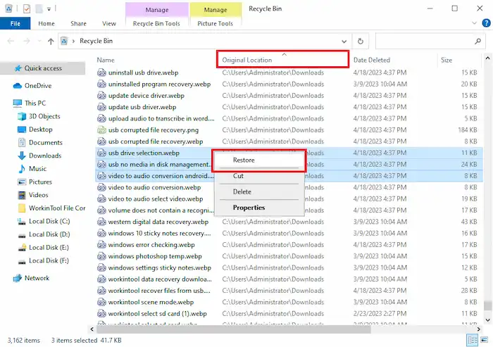 recover deleted downloads folder data in recycle bin