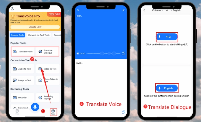 translate audio to english in transvoice