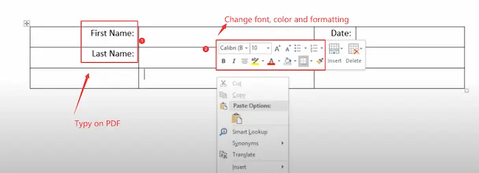 type on pdf and change color in word