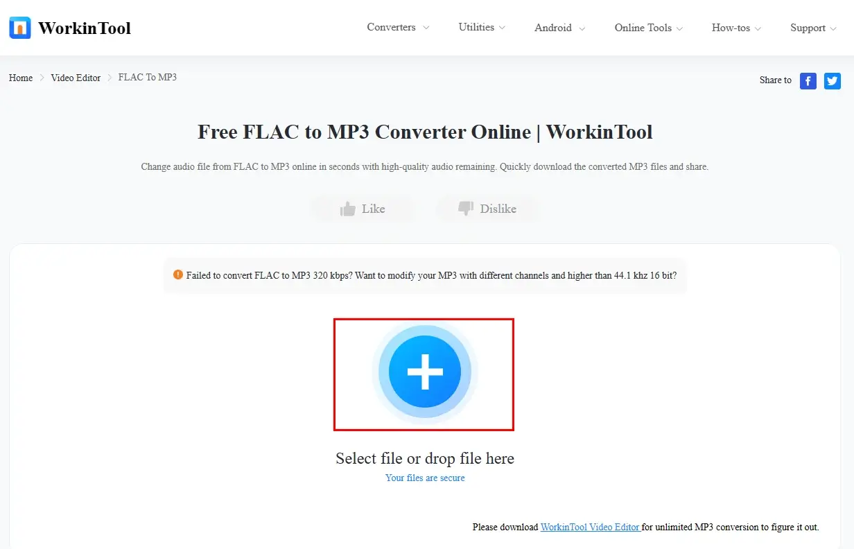 upload flac file to workintool online flac to mp3 converter
