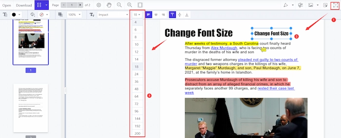 alter font size in pdf with workintool