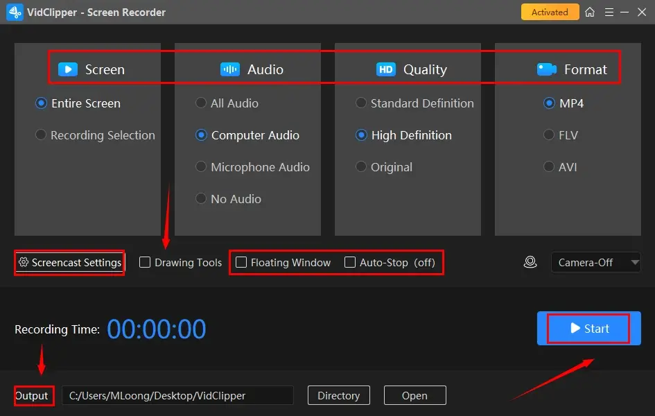 choose your recording modes and start recording in workintool vidclipper