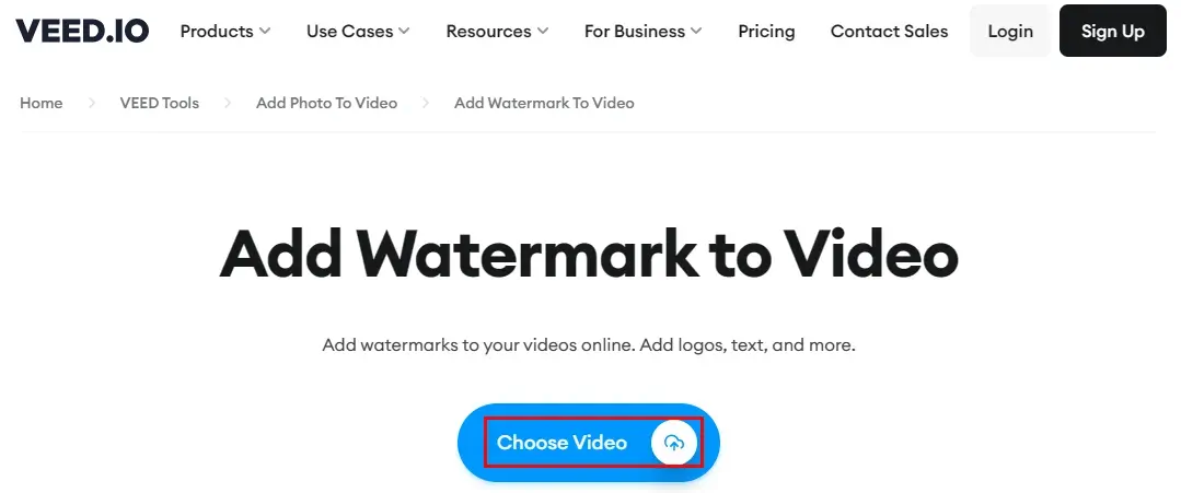 click choose video in veed io tool add watermakr to video