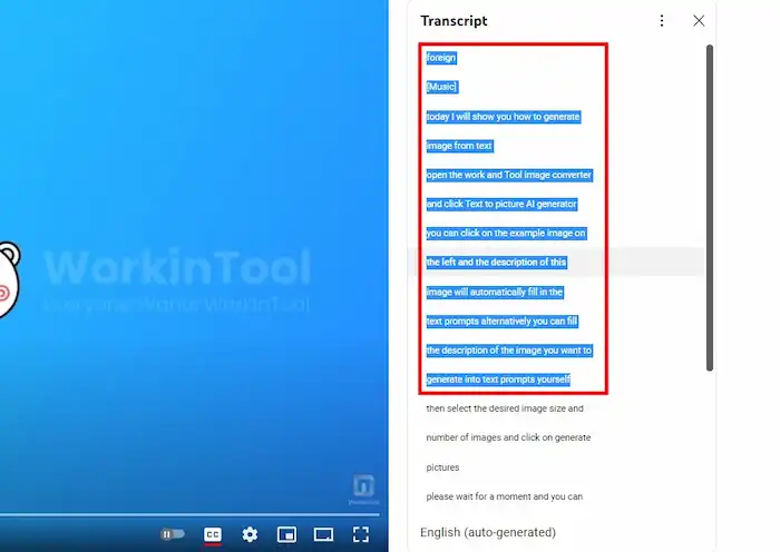 copy youtube transcript