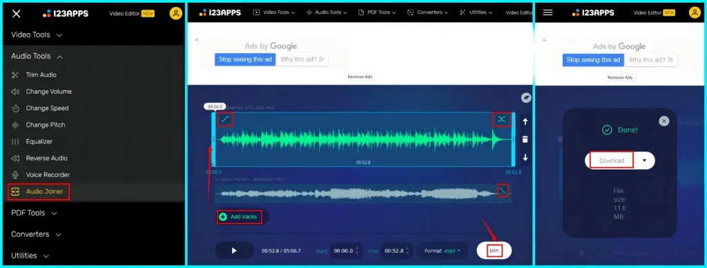 how to fade music in and out in online in audio joiner tool of 123 apps