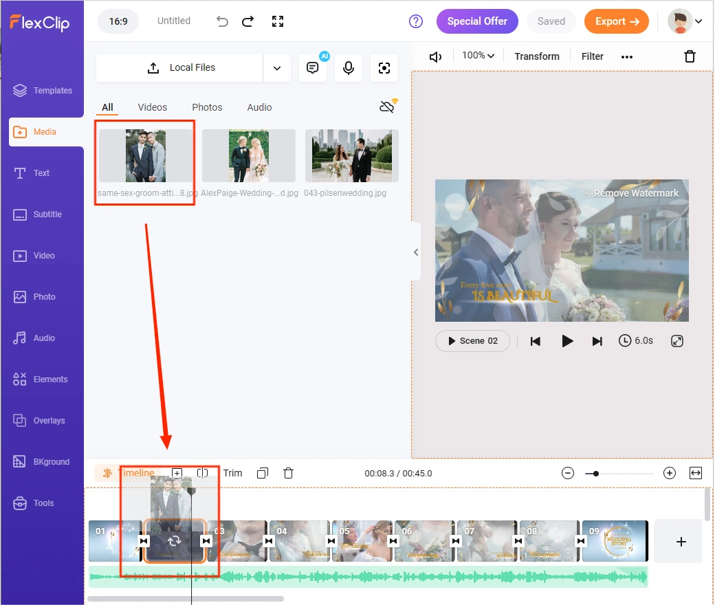 how to make a wedding video online using flexclip 4