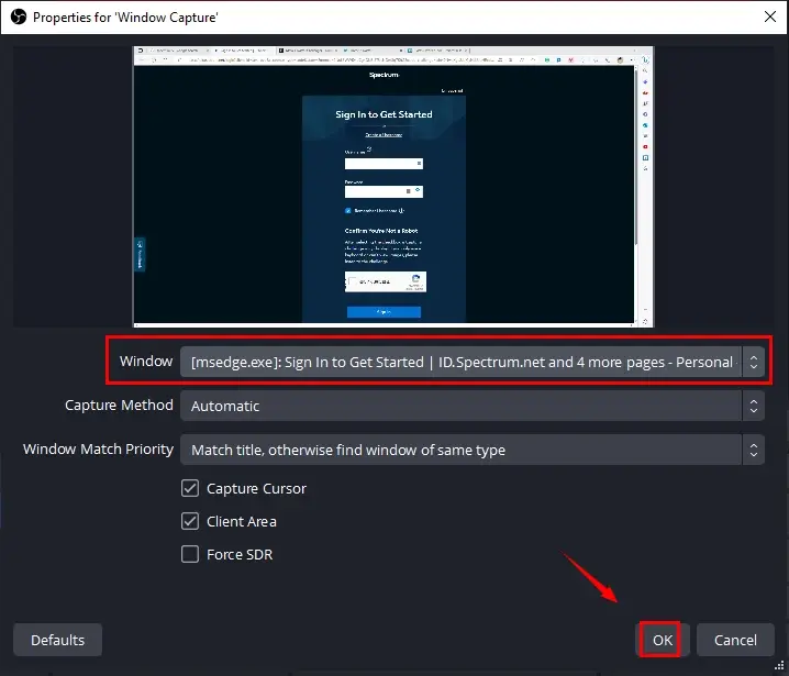 how to record on spectrum on mac using obs window mode