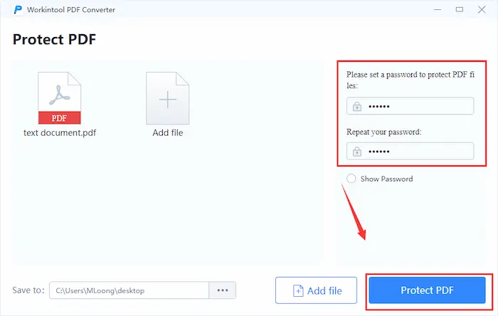 password protect pdf in workintool