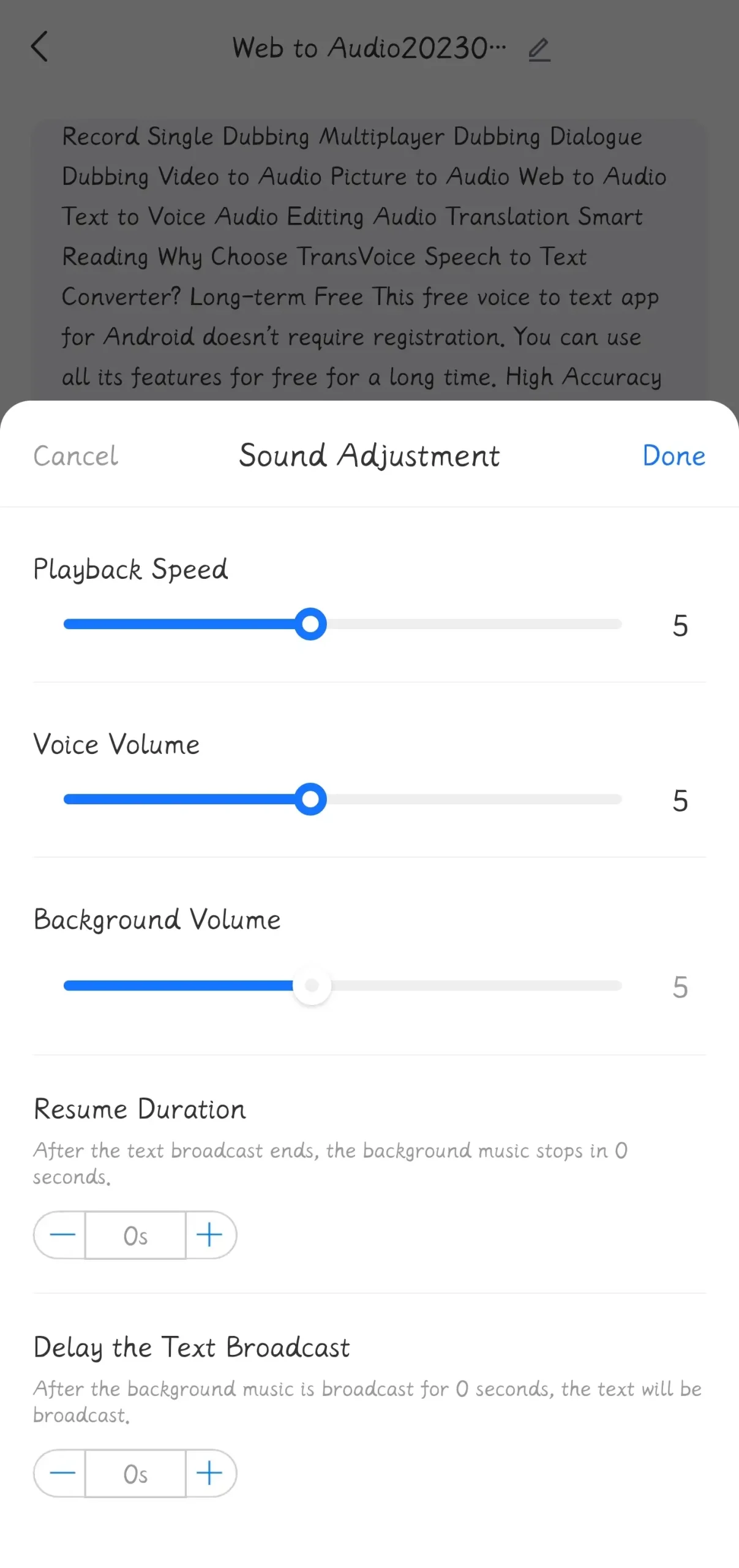 sound adjustment settings in workintool transvoice