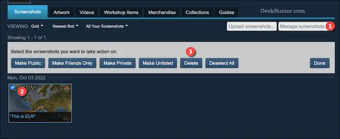 steam delete screenshots online