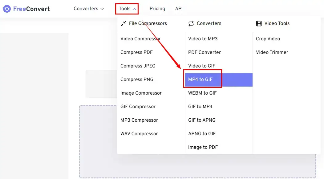 choose mp4 to gif in freeconvert