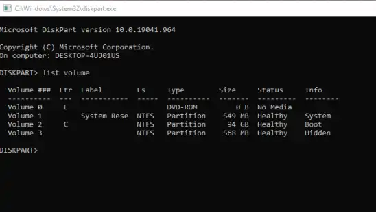 diskpart list volume