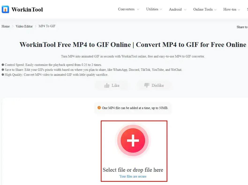 import an MP4 video to workintool online mp4 to gif converter