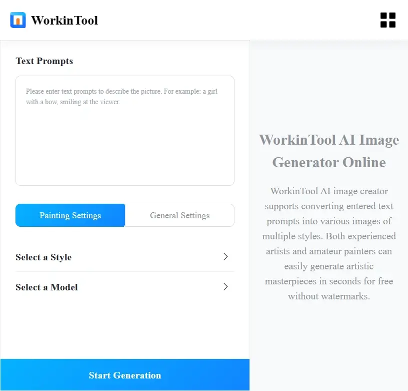 workintool online ai image generator interface