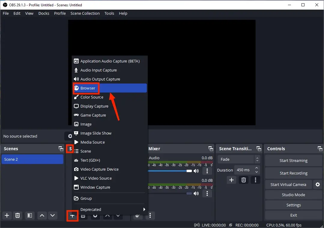 choose browser mode in obs