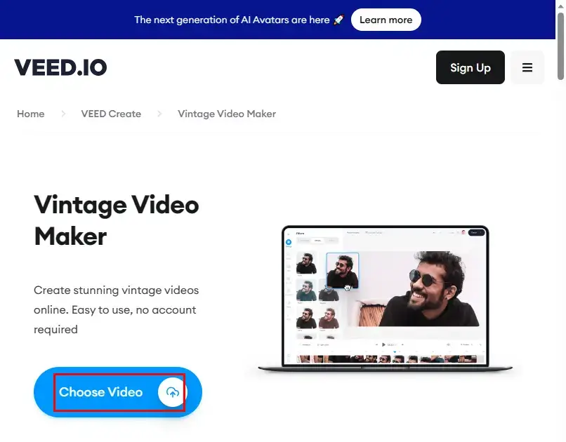 click choose video to upload a video to veed io vintage video maker