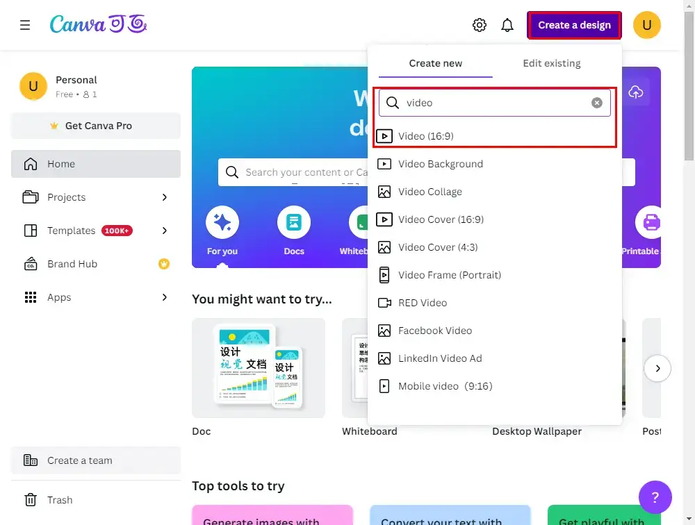 create a new video design in canva