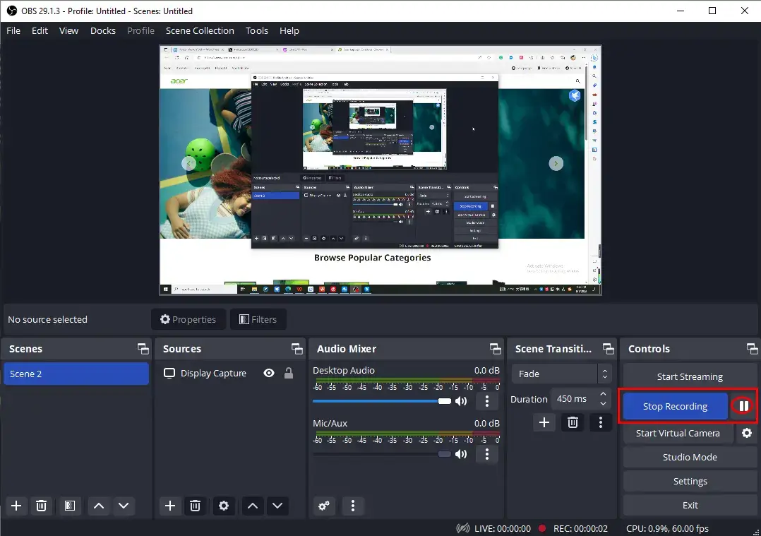 how to screen record on acer laptop with obs 2