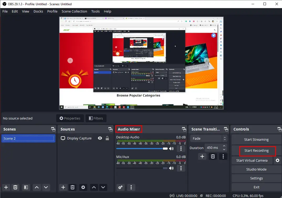 how to screen record on acer laptop with obs