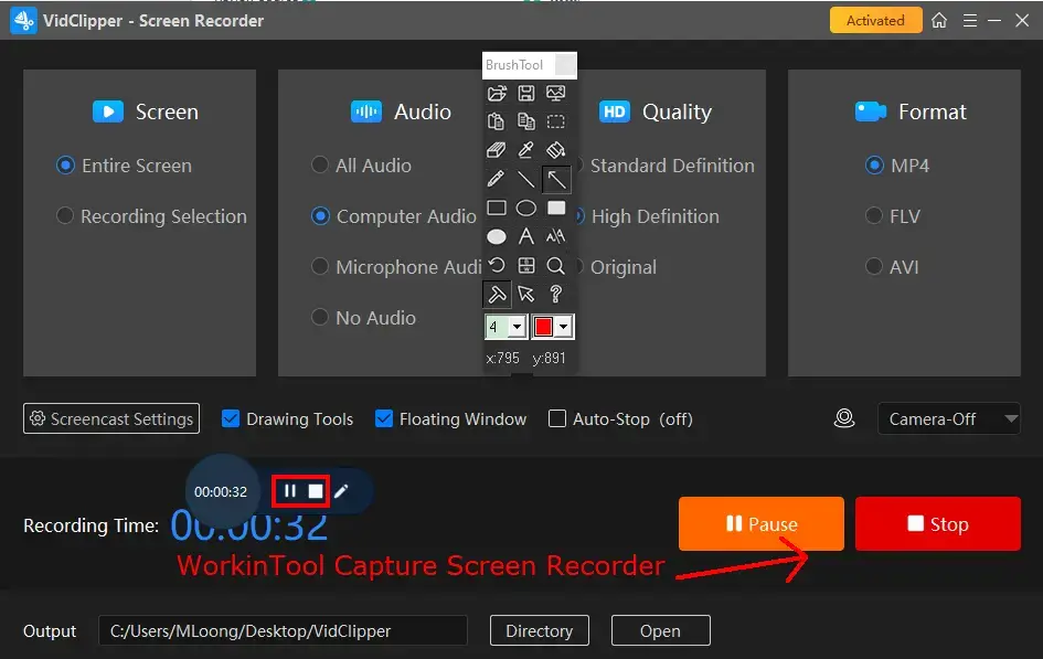 workintool capture screen recorder review drawing toolbar operations