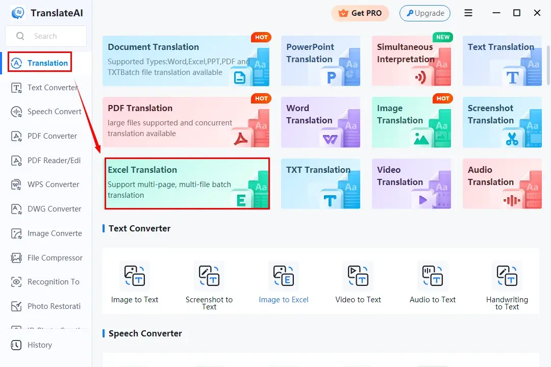 choose excel translation in workintool translateai