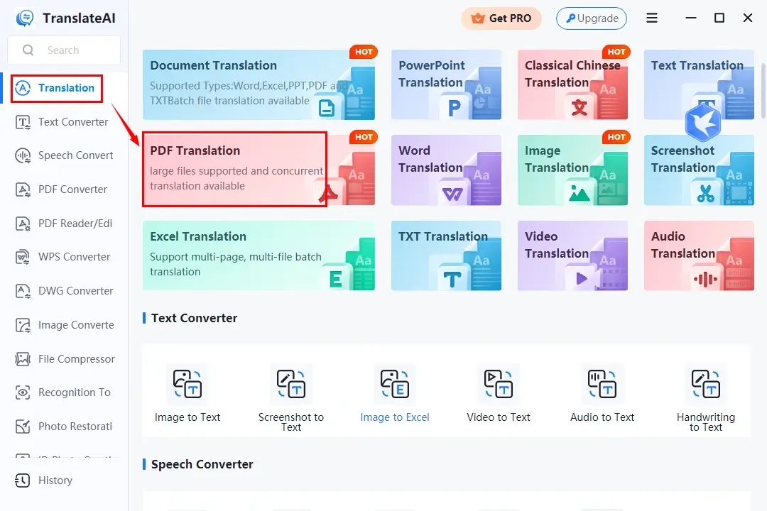 choose pdf translation in workintool translateai